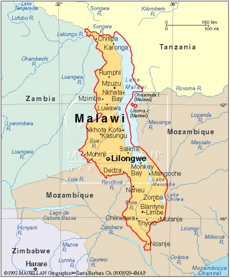 La carta geografica del Malawi